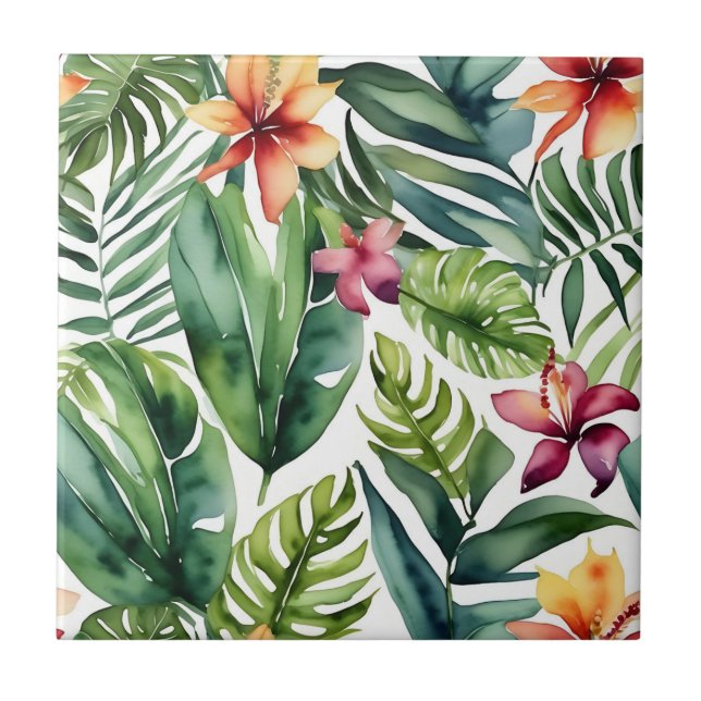 Tropical Botanicals Vibrant Watercolor Foliage Tile (Front)