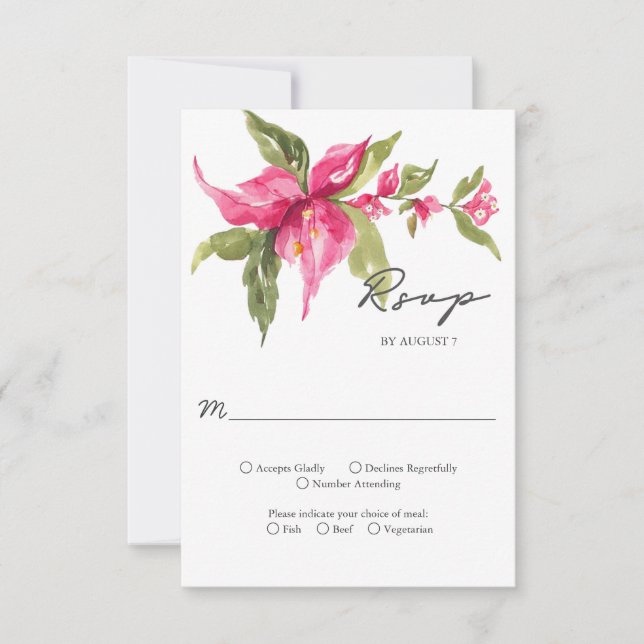 Tropical Bougainvillea Flower Watercolor Wedding RSVP Card (Front)
