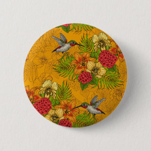 Tropical bouquet and hummingbirds 2 6 cm round badge