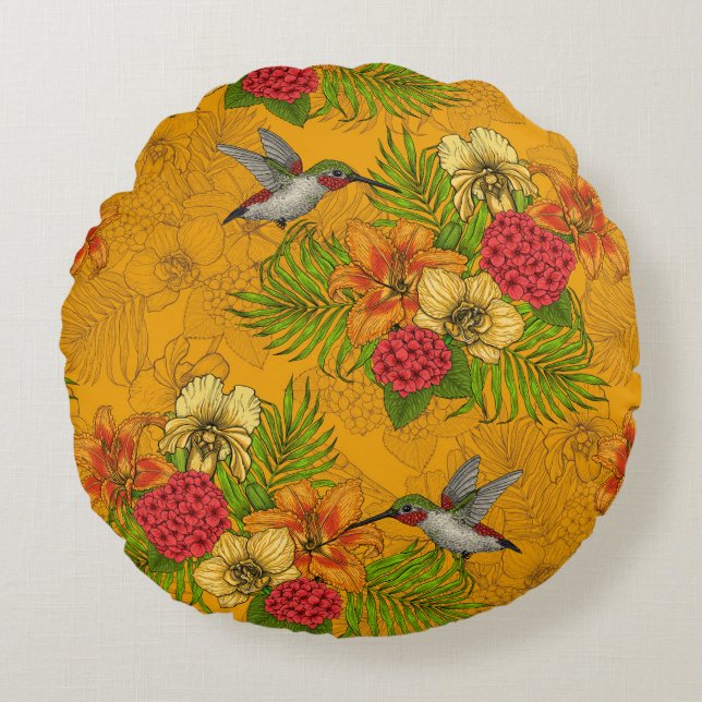 Tropical bouquet and hummingbirds 2 round cushion (Front)