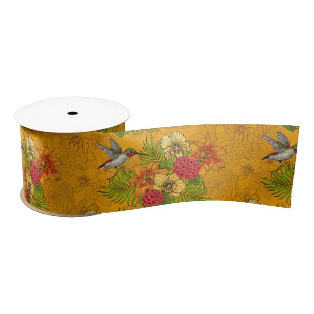 Tropical bouquet and hummingbirds 2 satin ribbon (Spool)