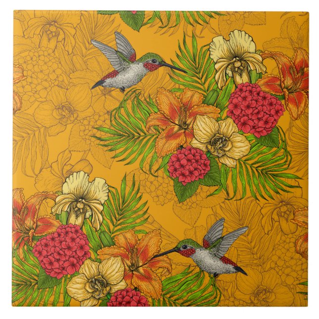 Tropical bouquet and hummingbirds 2 tile (Front)