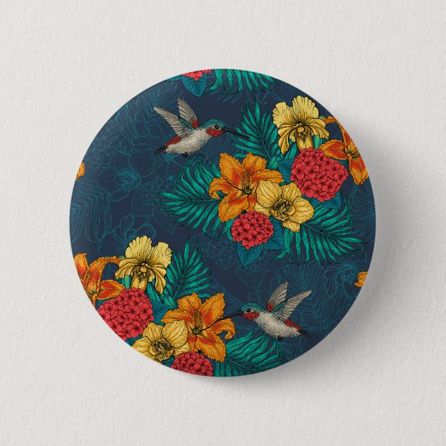 Tropical bouquet and hummingbirds 6 cm round badge (Front)