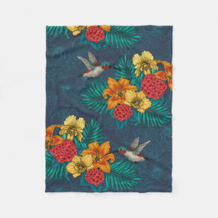 Tropical bouquet and hummingbirds fleece blanket