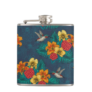 Tropical bouquet and hummingbirds hip flask