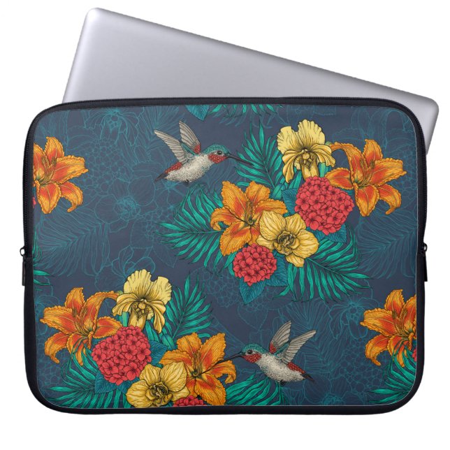 Tropical bouquet and hummingbirds laptop sleeve (Front)