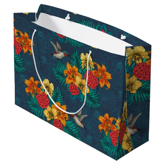 Tropical bouquet and hummingbirds large gift bag (Back Angled)
