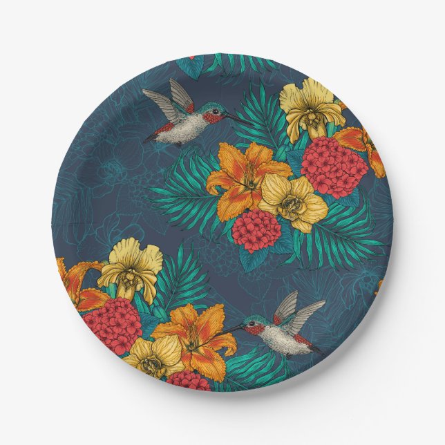 Tropical bouquet and hummingbirds paper plate (Front)