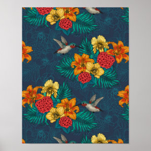 Tropical bouquet and hummingbirds poster