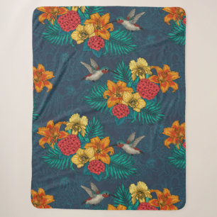 Tropical bouquet and hummingbirds sherpa blanket