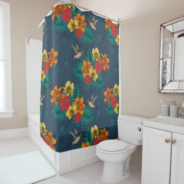 Tropical bouquet and hummingbirds shower curtain (In Situ)