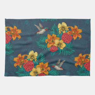 Tropical bouquet and hummingbirds tea towel