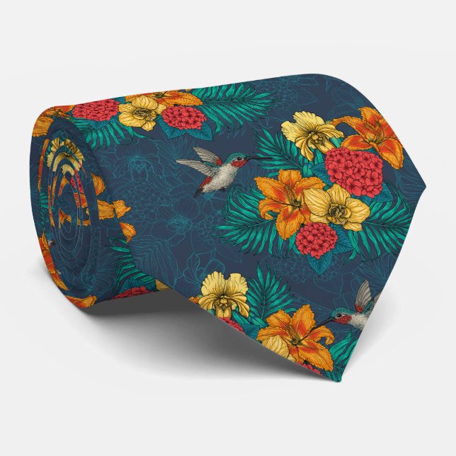 Tropical bouquet and hummingbirds tie (Rolled)
