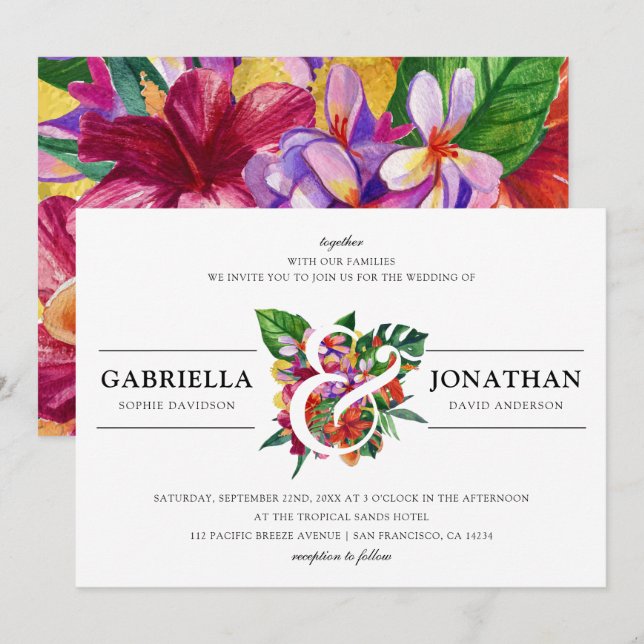 Tropical Bouquet & Modern Typography | Wedding Invitation (Front/Back)