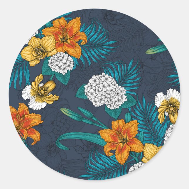 Tropical bouquet on blue classic round sticker (Front)