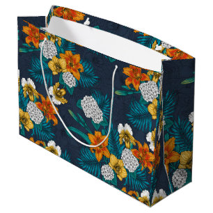 Tropical bouquet on blue large gift bag