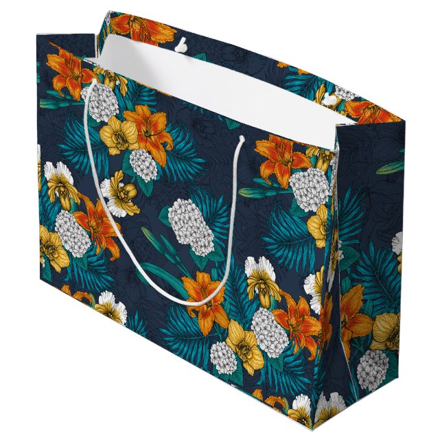 Tropical bouquet on blue large gift bag (Back Angled)