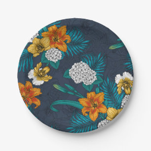 Tropical bouquet on blue paper plate