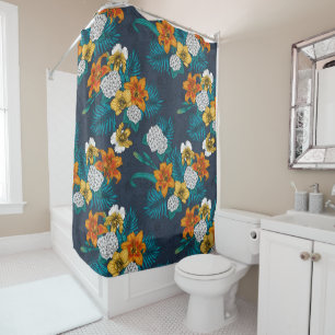 Tropical bouquet on blue shower curtain