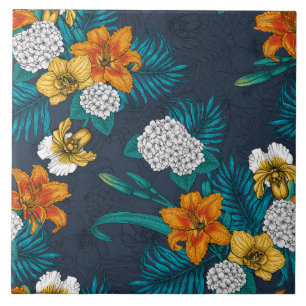Tropical bouquet on blue tile