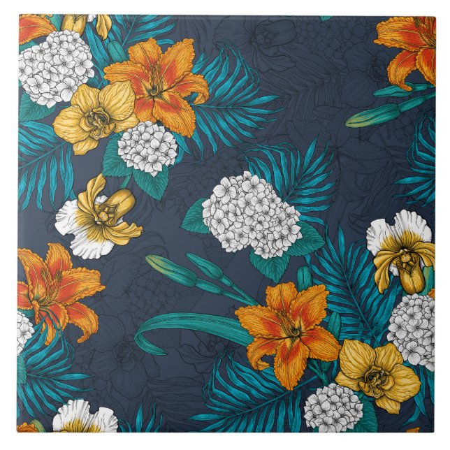 Tropical bouquet on blue tile (Front)