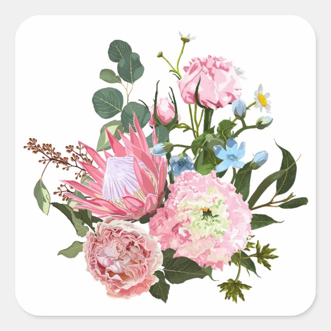 Tropical bouquet with pink flowers. square sticker (Front)