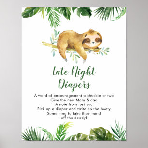 Tropical Boy Sloth Baby Shower Late Night Diaper Poster