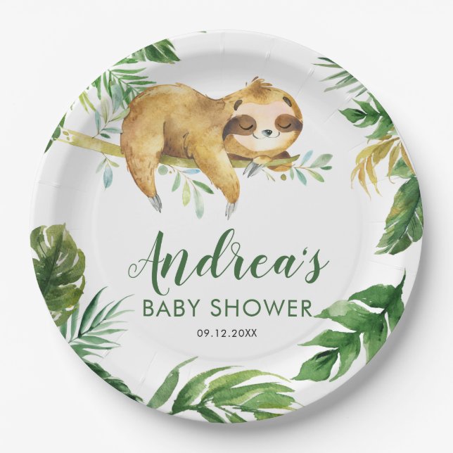 Tropical Boy Sloth Baby Shower Paper Plate (Front)