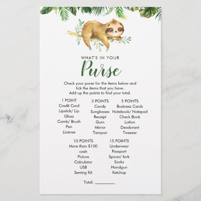 Tropical Boy Sloth Baby Shower Purse Game (Front)