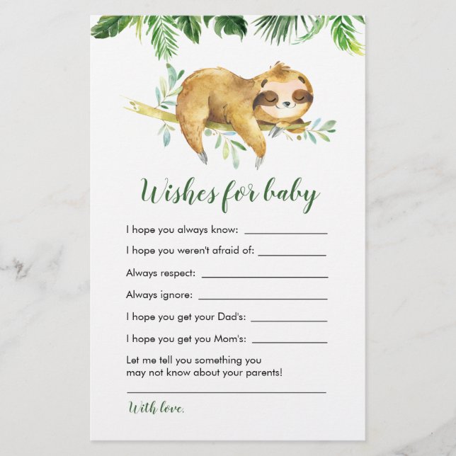 Tropical Boy Sloth Baby Shower Wishes for baby (Front)