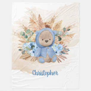 Tropical boy teddy bear pampas grass blue flowers fleece blanket