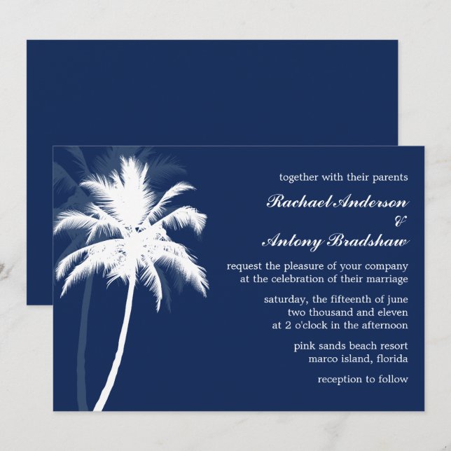 Tropical Breeze Blue Palm Trees Wedding Invitation (Front/Back)