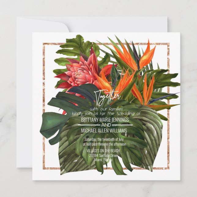 Tropical Breeze Lush Botanical Square Wedding Invitation (Front)