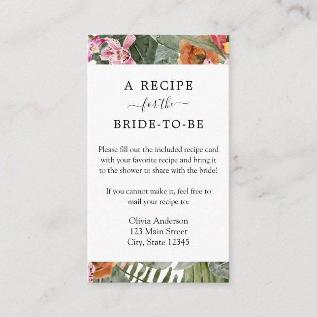 Tropical Bridal Recipe Request Enclosure Card (Front)