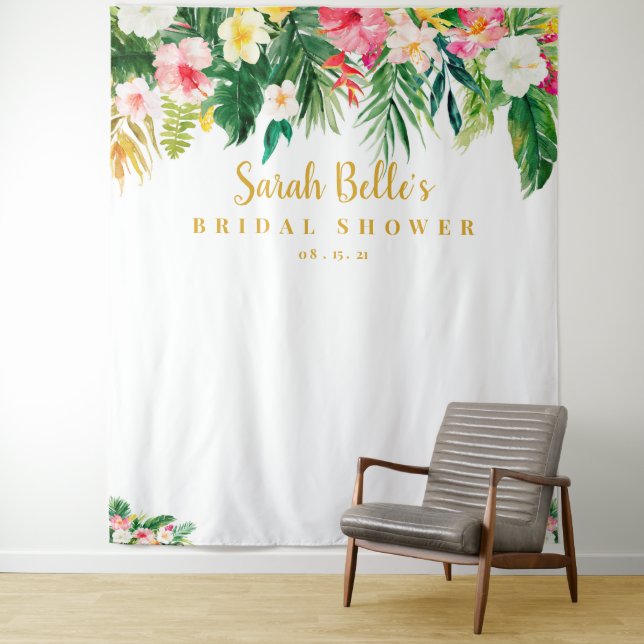 Tropical Bridal Shower Backdrop, Photobooth Prop Tapestry (In Situ)