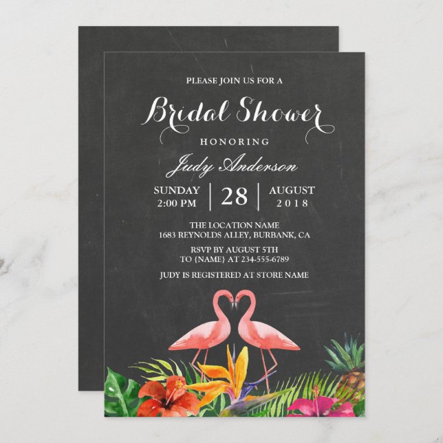 Tropical Bridal Shower Floral Chalkboard Flamingo Invitation (Front/Back)