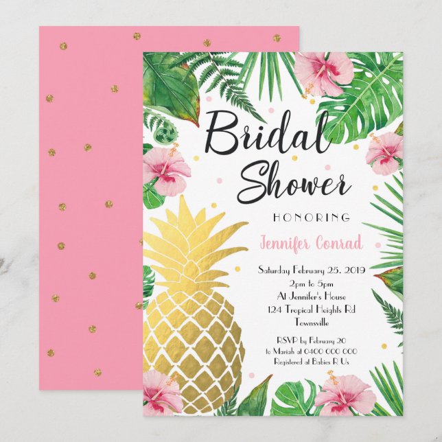 Tropical Bridal Shower Invitation, Gold Pineapple Invitation (Front/Back)
