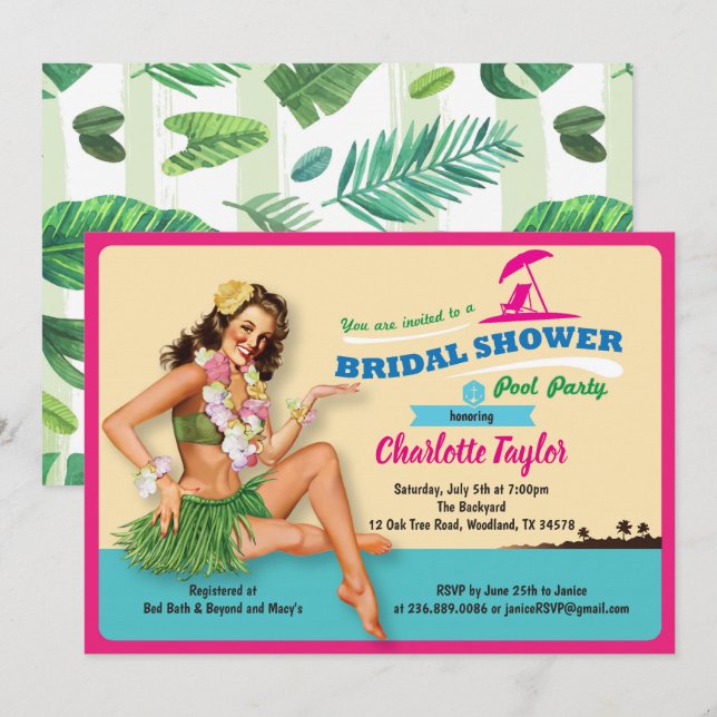 Tropical bridal shower invitation pool party (Front/Back)
