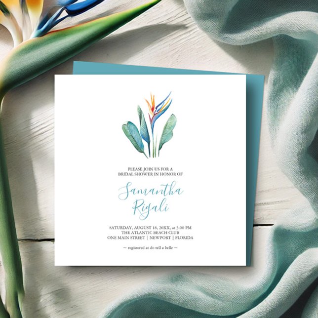 Tropical Bridal Shower Invitations (Tropical bridal shower invitations watercolor flower by Victoria Grigaliunas Do Tell A Belle)