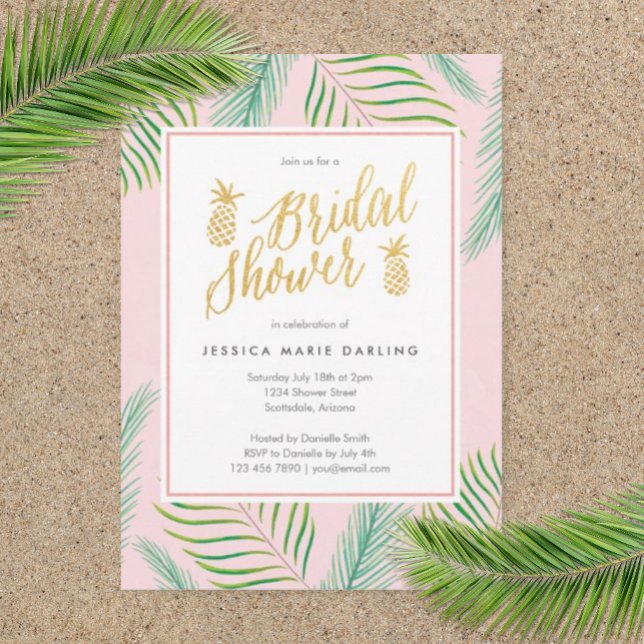 Tropical Bridal Shower Invitations in Pink & Gold (Bridal Shower Luau Party Invitation)