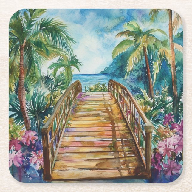 Tropical Bridge Square Paper Coaster (Front)