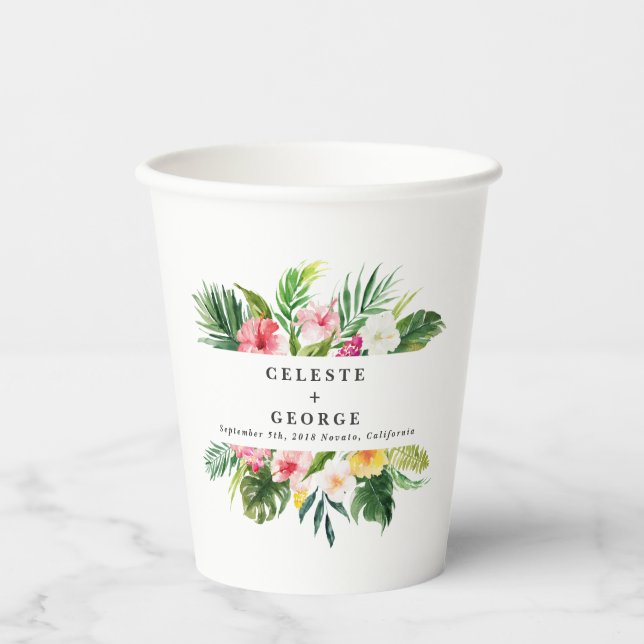 tropical bright foliage watercolor wedding  paper cups (Front)