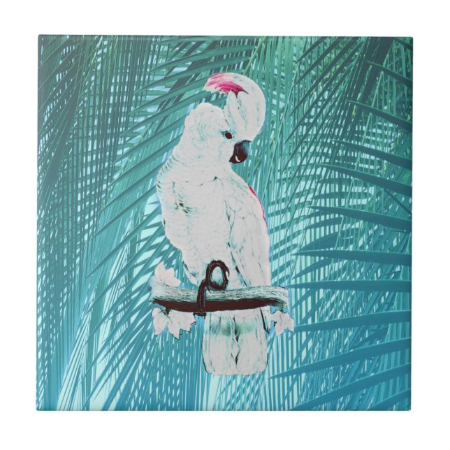 Tropical bright white cockatoo palm leaves tile (Front)