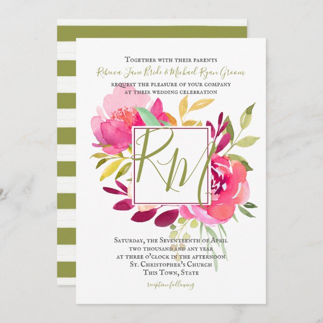 Tropical Brights Rose Square Frame Monogram Invitation (Front/Back)