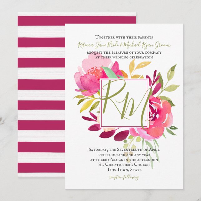 Tropical Brights Rose Square Frame Monogram Invitation (Front/Back)