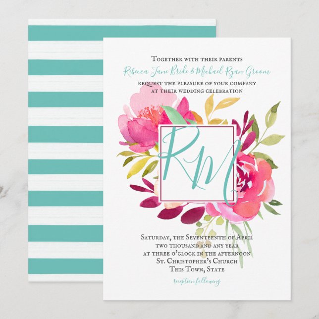 Tropical Brights Rose Square Frame Monogram Invitation (Front/Back)