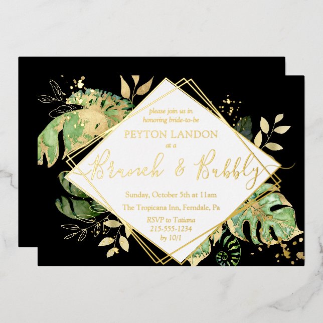 Tropical Brunch Bubbly Bridal Shower Black & Gold (Front/Back)