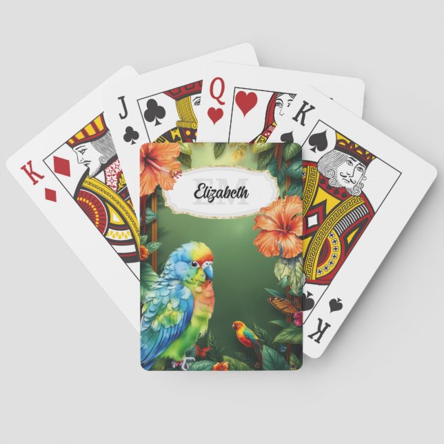 Tropical budgie jungle bird watercolor hibiscus playing cards (Back)