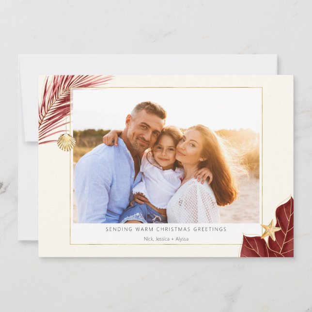 Tropical Burgundy and Gold Greenery Photo Holiday Card (Front)