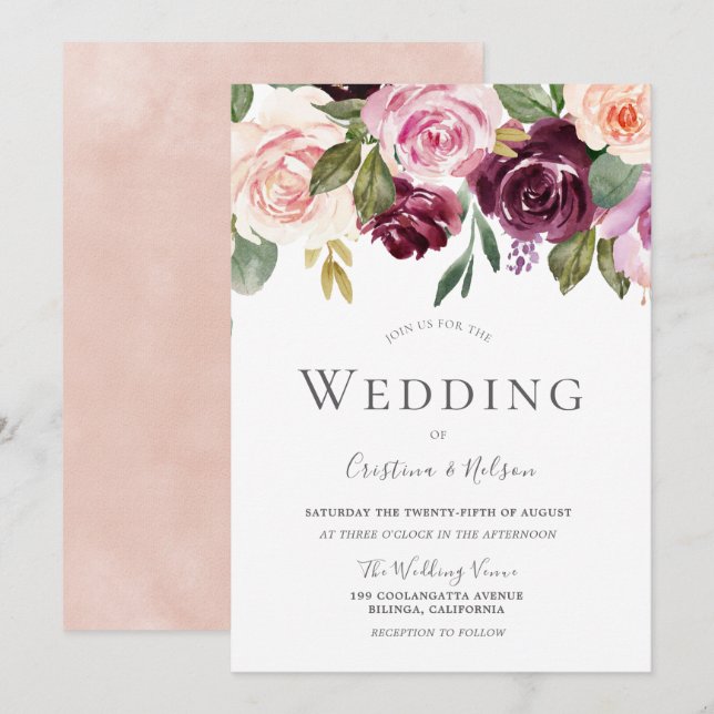 Tropical Burgundy Blush Modern Wedding Invitation (Front/Back)